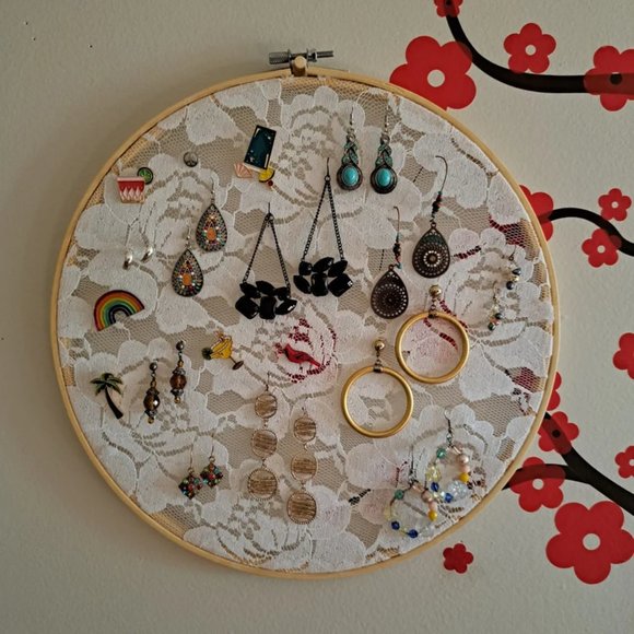 Lg Jewelry Organizer, Embroidery Hoop Earring Holder, Lace Earring Rack, Boho Wa - Picture 8 of 8